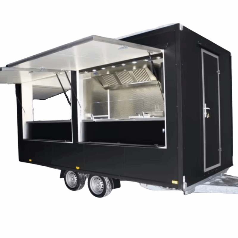 Schwarzer Foodtruck mit offenen Fenstern - Crepes Imbissanhänger